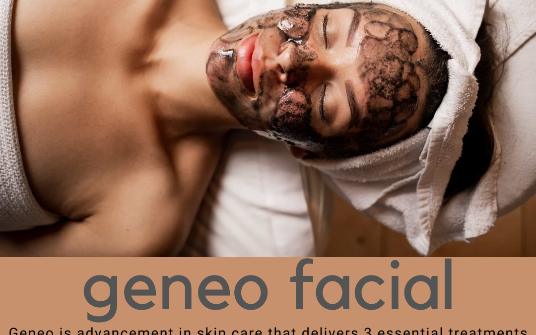 A woman relaxes with a dark, textured facial mask applied, lying down with closed eyes and a towel wrapped around her head. The text advertises a "Geneo facial" at Advanced Skin Body
