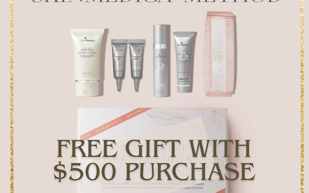 Promotional image featuring a collection of SkinMedica skincare products with an offer for a free gift worth $500 with purchase, noted as available "while supplies last" at AdvancedSkinBody Lincoln.