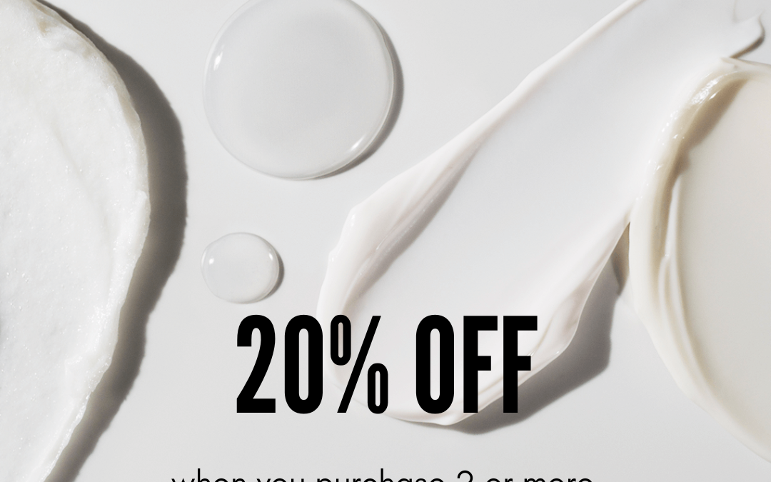 Promotional image for an advanced skincare product sale featuring a 20% off discount. The graphic includes text, skincare product containers, and droplets on a white background. Expires 1.31.