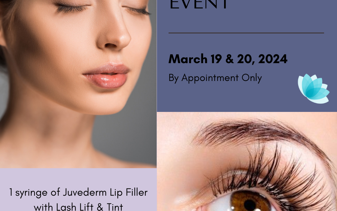 Promotional image for a beauty event featuring close-ups of a woman's face highlighting plump lips and a detailed image of an eye with long lashes, alongside text offering a special on Juvederm lip