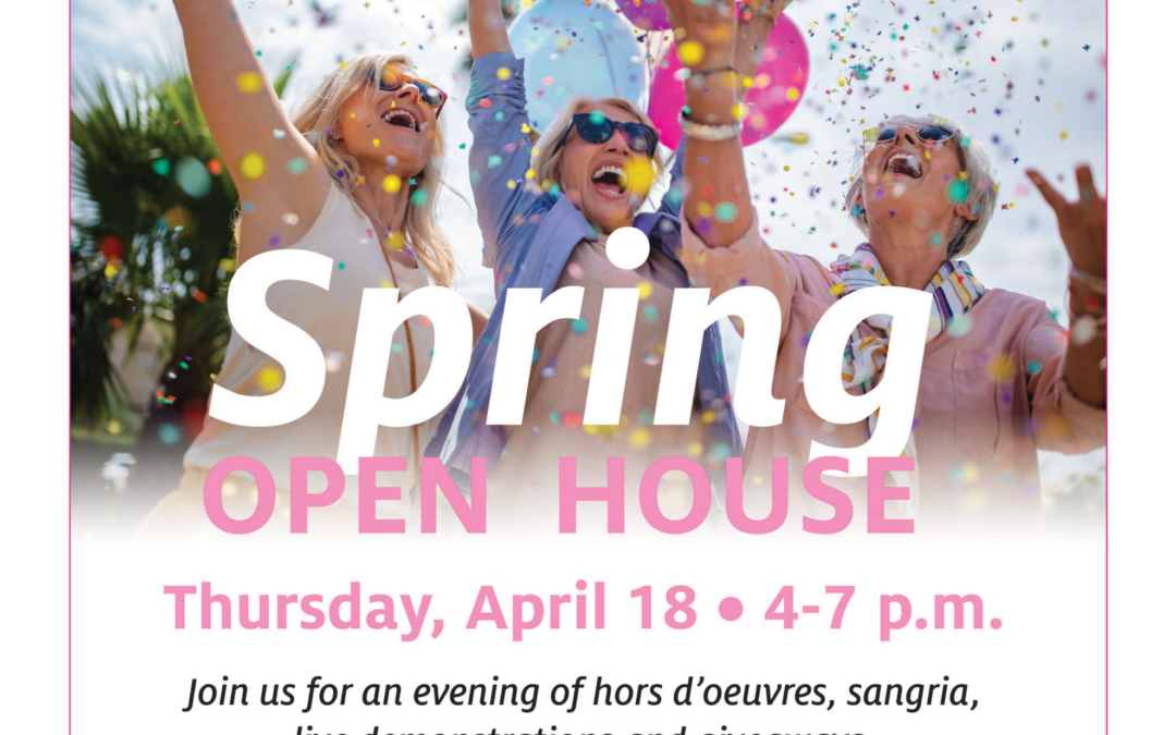 Flyer for a spring open house event at Advanced Skin Body Solutions featuring three joyous women with raised arms holding colorful balloons under a clear sky. Event details for April 18, from 4-
