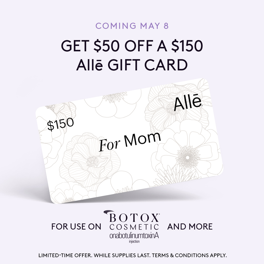 Advanced Skin + Body Aesthetics Med spa, Botox, Facials and more! Promotional image for a botox cosmetic gift card offering $50 off a $150 card. the card is labeled "for mom" with floral designs. text mentions the offer is available starting may 8, with limited availability and terms applying.