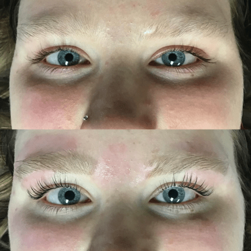 Advanced Skin + Body Aesthetics Med spa, Botox, Facials and more! Close-up images of a person's eyes before and after an eyelash lift. The top image shows straight eyelashes, while the bottom image shows the same eyes with curled, lifted eyelashes, highlighting the enhancement in the appearance of the lashes.