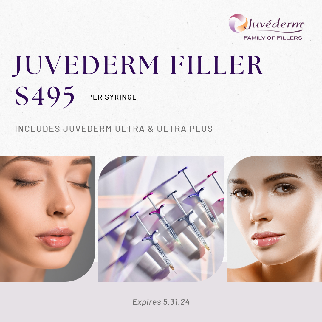Advanced Skin + Body Aesthetics Med spa, Botox, Facials and more! Advertisement for juvederm filler, priced at $495 per syringe, featuring images of a woman's face before and after treatment, with visuals of juvederm ultra & ultra plus products. expires 5.31.24.