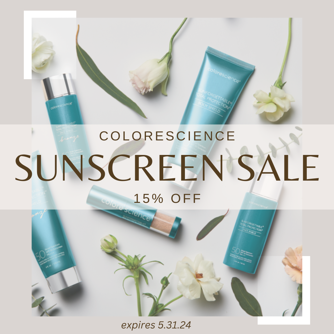 Advanced Skin + Body Aesthetics Med spa, Botox, Facials and more! Promotional image featuring a colorescience sunscreen sale with 15% off. products and white flowers are arranged around the centered text on a light background. sale ends 5.31.24.