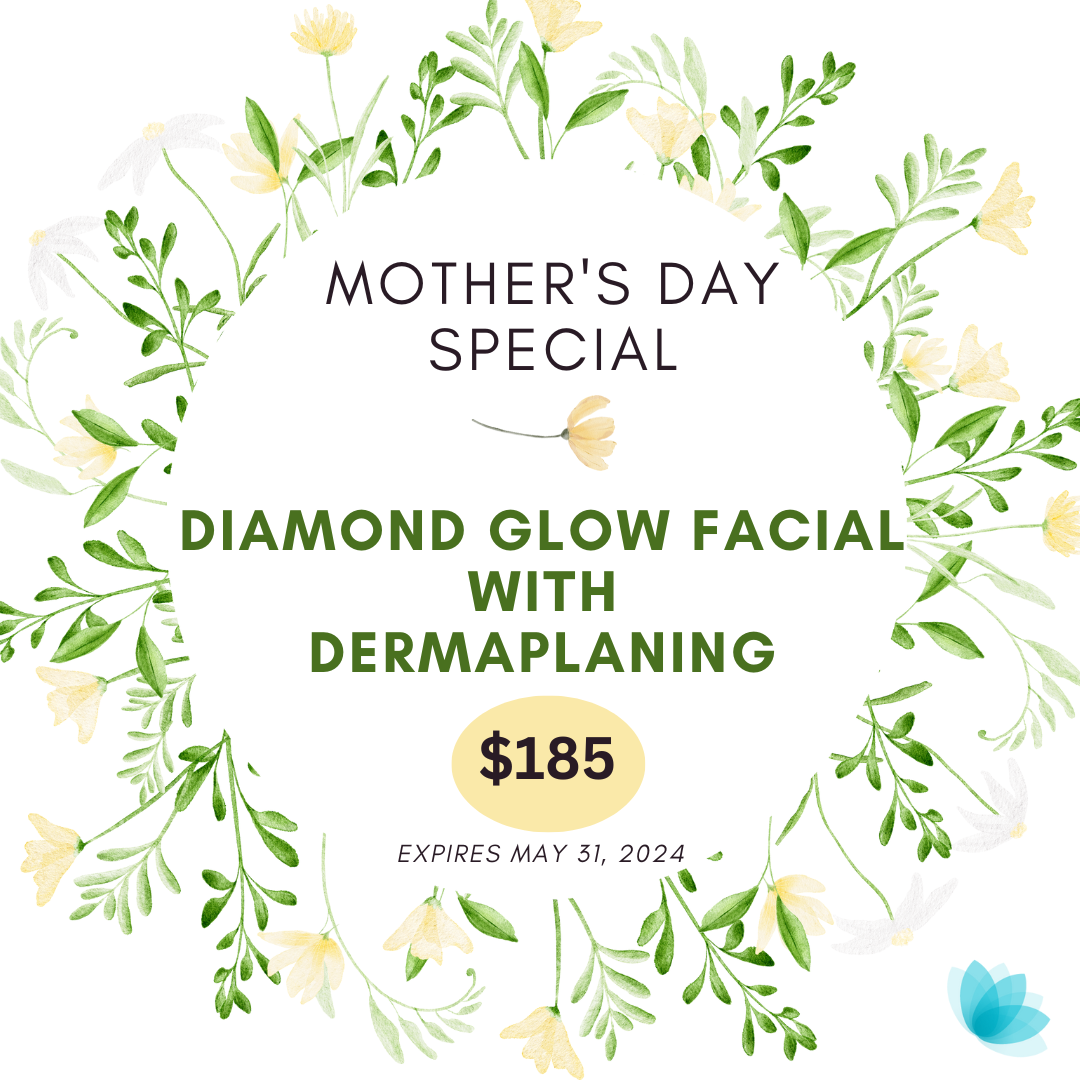 Advanced Skin + Body Aesthetics Med spa, Botox, Facials and more! Promotional graphic for a mother's day special offering a diamond glow facial with dermaplaning for $185, framed by delicate green and yellow floral designs, expiring may 31, 2024.